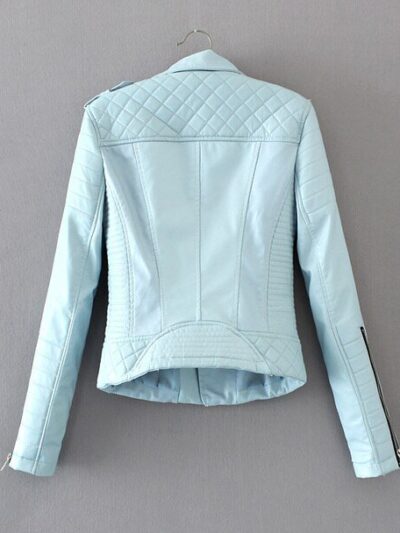 Women Soft Faux Leather Jackets Lady Motorcyle Zippers Biker Sky-Blue Coats