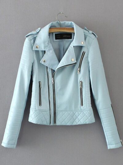 Women Soft Faux Leather Jackets Lady Motorcyle Zippers Biker Sky-Blue Coats