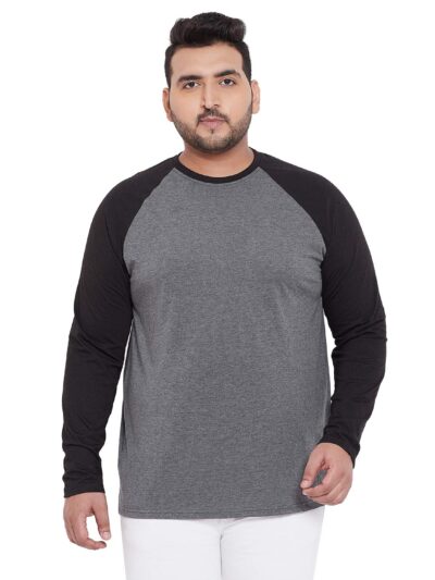 Men’s charcoal-melange plus-size raglan full-sleeves t-shirt